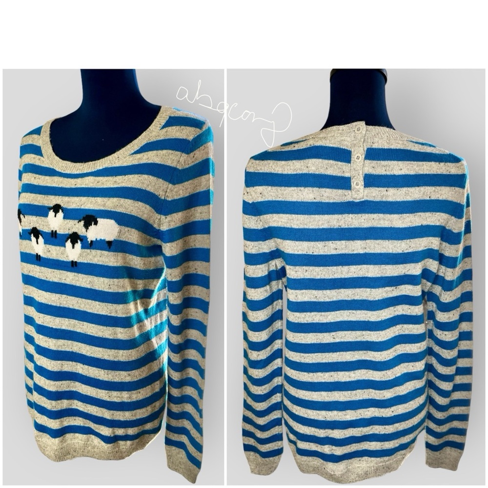 EUC Talbots Petite Grey & Blue Striped Sheep Intarsia Crew Neckline Sweater